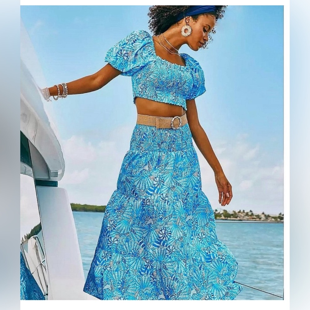 Lilly Pulitzer Aston Maxi Skirt Set in Blue By The Seashore size Small $278